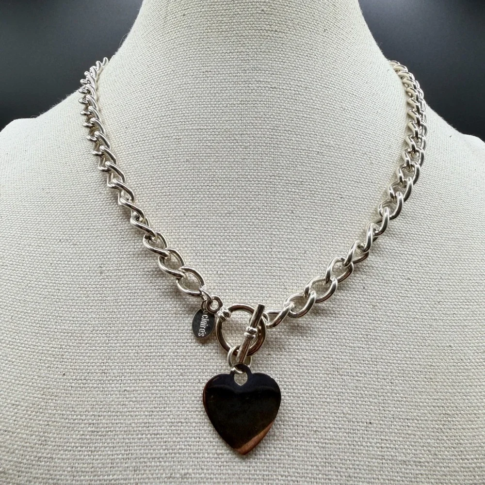 Claire's Silver Tone Chunky Curb Chain Heart Pendant Toggle Statement Necklace